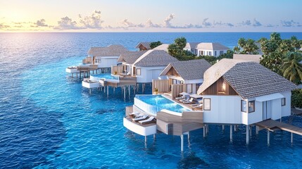 Fototapeta premium The overwater bungalows, perfectly positioned above calm waters, are illuminated by the warm sunset glow, creating a tranquil and picturesque tropical paradise.