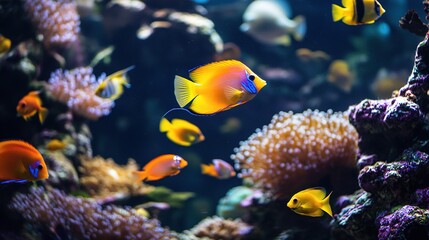 Plakat A luxury home with an exotic fish tank, featuring vibrant, colorful fish swimming in a modern, stylish aquarium