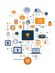 Illustration of interconnected technology and data symbols representing digital communication.