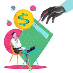 Female employee working on laptop, near large calculator with dollar signs, representing financial...