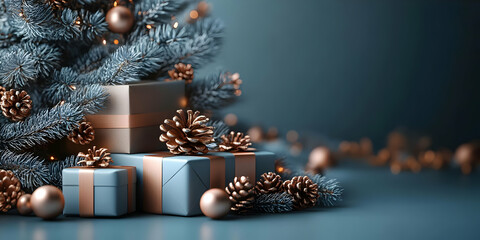 Winter Gifts Underneath Festive Tree Decorated with Pine Cones
