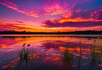 vibrant sunset reflections calm water surface capturing stunning color gradients natural beauty serene atmosphere, sky, evening, horizon, orange, pink