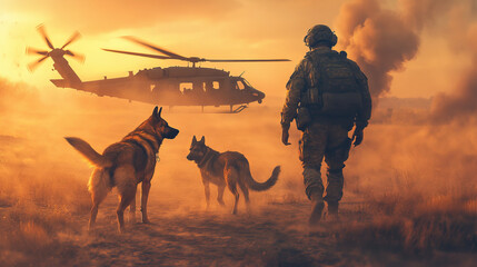 soldier walks with two German Shepherds in dusty battlefield at sunset, with helicopter hovering in background and smoke rising, creating tense and dramatic atmosphere