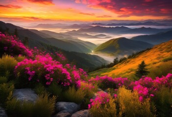 vibrant mountain sunrise illuminating misty valley landscapes rich colors serene natural beauty, nature, sky, clouds, trees, light, reflection, scenery