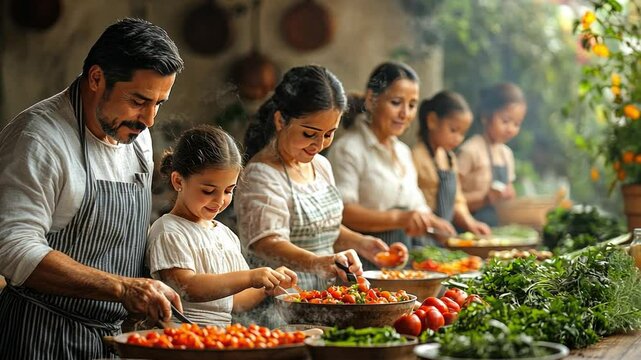 Family Kitchen: A warm and inviting scene of family members preparing a meal together in a rustic kitchen. Their laughter and smiles evoke a sense of connection and shared joy.  