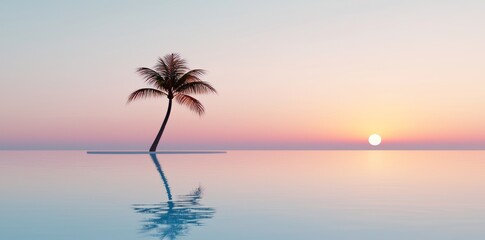 Peaceful Tropical Daybreak: Two palm trees hover over a tranquil turquoise sea as the sun begins to rise, casting a warm glow over the flawless beach and foggy horizon.