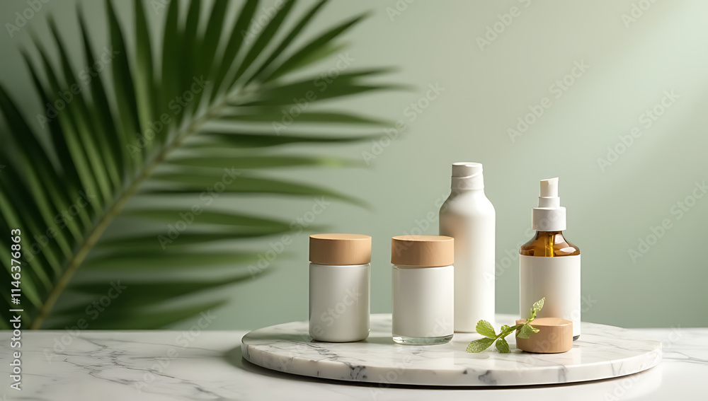 Poster Nature product display features a marble table counter against a palm leaf colored backdrop in selective focus._00001_