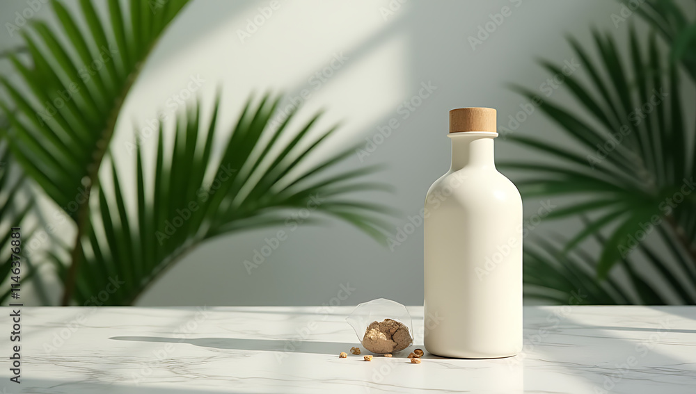 Poster Nature product display features a marble table counter against a palm leaf colored backdrop in selective focus._00002_