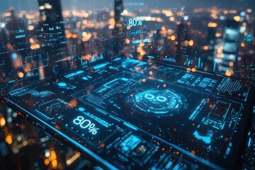 Futuristic holographic data display with glowing cityscape in the background