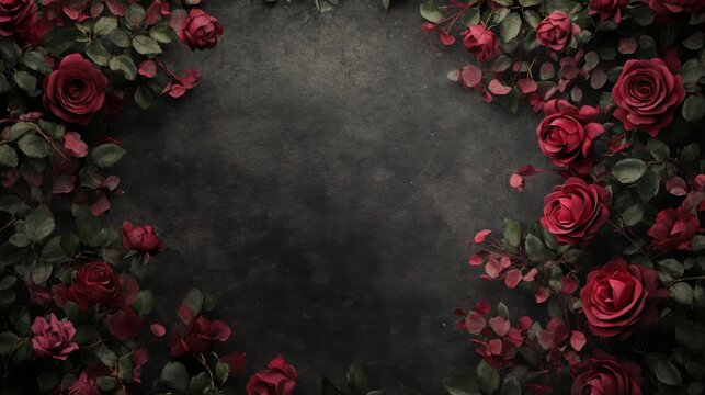 A collection of red roses elegantly arranged around a dark textured backdrop. The lush green leaves enhance the romantic atmosphere, making it ideal for various celebrations and special events.