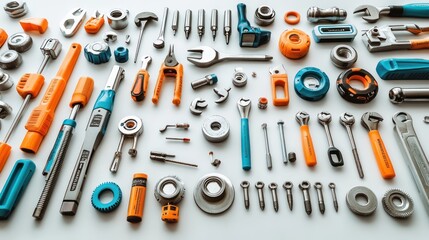 A collection of various tools arranged neatly for mechanical or construction tasks.