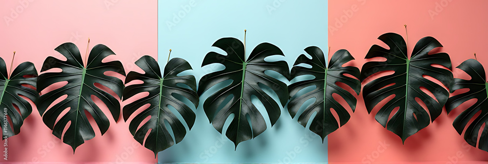Poster Monstera leaves in black and white create a striking design element when placed on a colorful background for decoration purposes._00002_