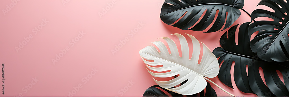Aufkleber Monstera leaves in black and white create a striking design element when placed on a colorful background for decoration purposes._00003_