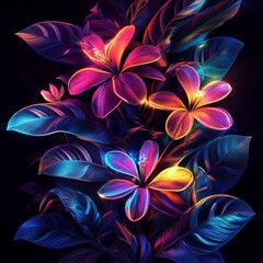 Vibrant neon flowers and leaves on black background