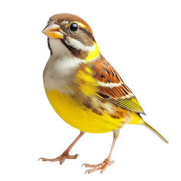 Angled view full body shot of extremely perfect looking single Dickcissel animal isolated on a white transparent background