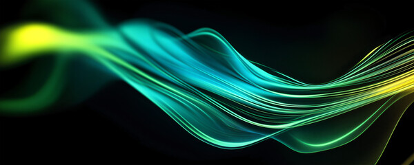 Fototapeta premium Vibrant abstract banner composition with glowing green and blue wavy lines on a black background. The soft glow and futuristic energy visualization make it ideal for digital technology.