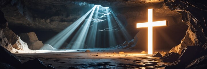 Illuminated cross in cave spiritual setting digital art serene environment dramatic lighting concept