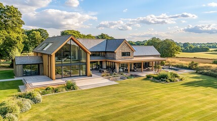 A luxury countryside retreat with modern architecture, beautiful gardens, and vast open spaces for relaxation