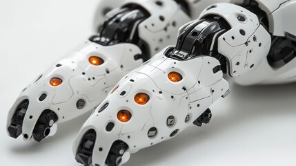 Close-up of robotic hands with glowing elements, showcasing advanced technology design.