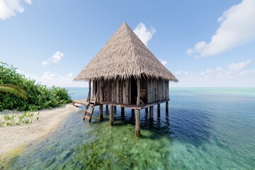 Tropical Waterfront Hut Surrounded by Clear Turquoise Water.