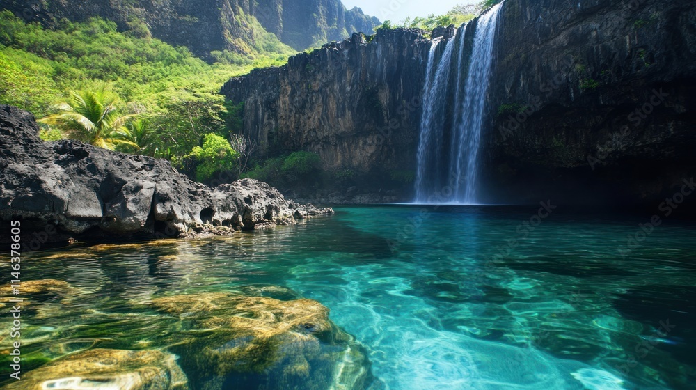 Aufkleber a serene waterfall cascading into a turquoise lagoon surrounded by lush greenery.