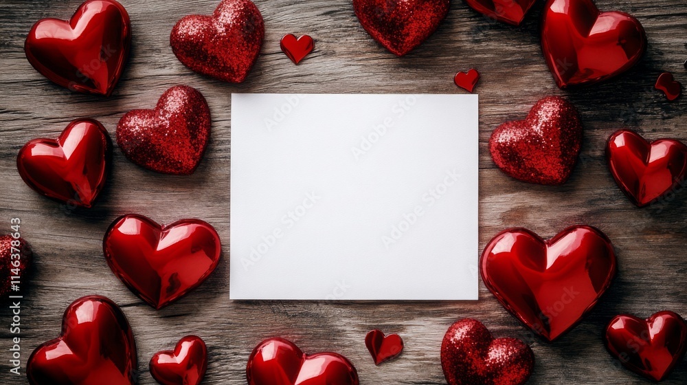 Poster a collection of shiny red hearts surrounds a blank white paper on a wooden surface, creating a perfe