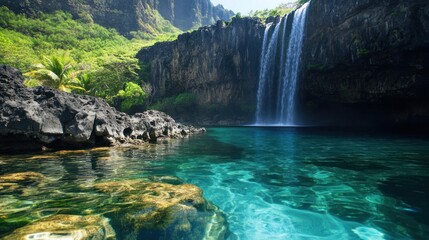 A serene waterfall cascading into a turquoise lagoon surrounded by lush greenery.