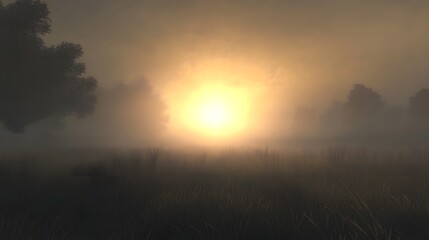 Obraz premium Sunrise over a misty field with bright sunlight breaking through symbolizing a fresh start
