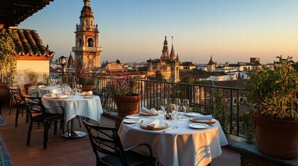 Naklejka premium romantic rooftop dinner seville spain sunset view
