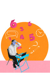 Thoughtful man working on laptop surrounded by floating numbers and clock symbols, symbolizing time management and financial calculations. Concept of business, accounting, finances, economy.