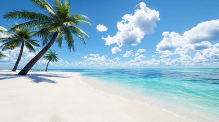 A tropical beach retreat with gleaming white sand and crystal-clear turquoise water.