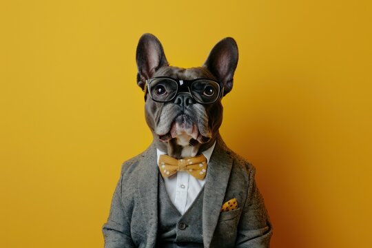 There is a dog wearing a suit and glasses on a yellow background, animal background