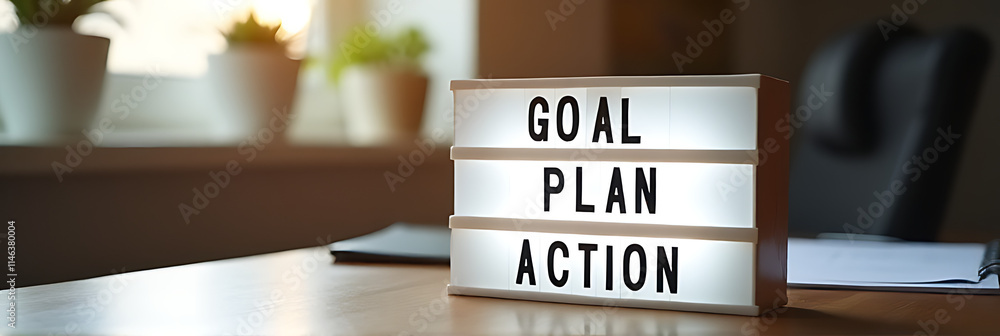 Poster Light box with goal, plan, and action text placed on desk table within a home office setting for clarity and focus._00002_