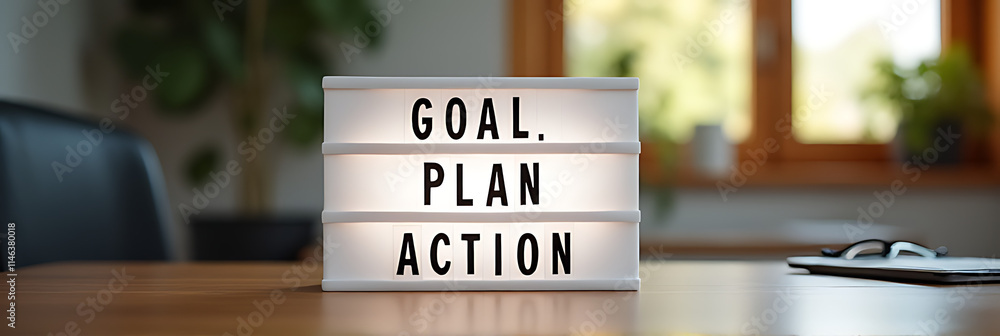 Poster Light box with goal, plan, and action text placed on desk table within a home office setting for clarity and focus._00003_