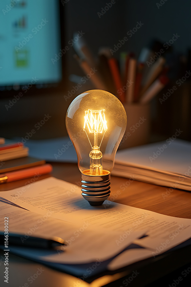 Poster light bulb on a cluttered desk sparks creativity for marketing solutions through brainstorming and i