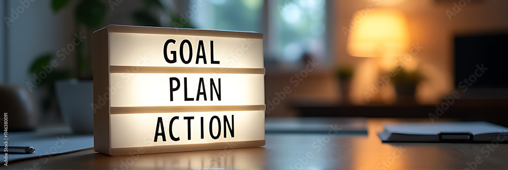 Poster Light box with goal, plan, and action text placed on desk table within a home office setting for clarity and focus._00001_