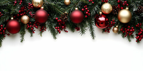 Festive Holiday Decorations: Red & Gold Ornaments on Evergreen