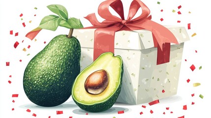 A ripe avocado, both whole and halved, next to a gift box with a red ribbon. The scene is festive, suggesting a celebration or gift-giving occasion, highlighting the avocado as a special item.