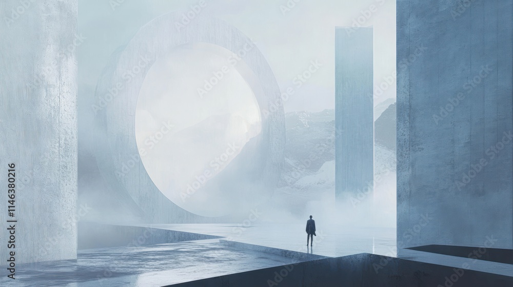 Poster A serene, futuristic landscape with towering structures and a mysterious circular portal.