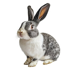 Angled view full body shot of extremely perfect looking single Dutch Rabbit animal isolated on a white transparent background
