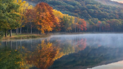 Naklejka premium Calm lake reflecting the colors of dawn with fog gently lifting symbolizing a new start