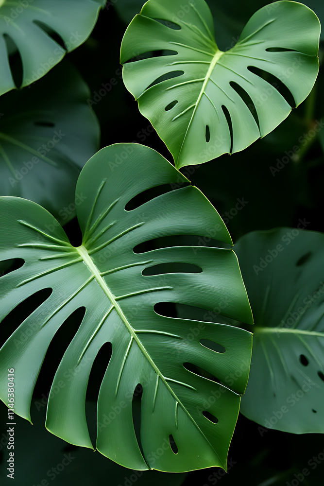 Aufkleber Large, delicate monstera leaves add a pop of color to decorative compositions as a beautiful design element in background settings._00003_