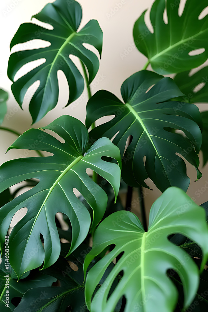Poster Large, delicate monstera leaves add a pop of color to decorative compositions as a beautiful design element in background settings._00002_