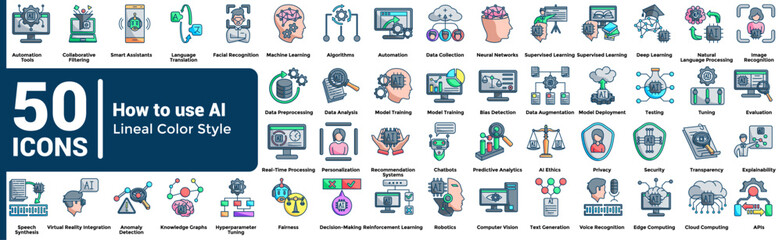 How to use AI 50 icon set in lineal color style