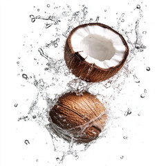 coconut with fresh water splash isolated on a white background