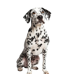 Angled view full body shot of extremely perfect looking single Dalmatian Mix animal isolated on a white transparent background