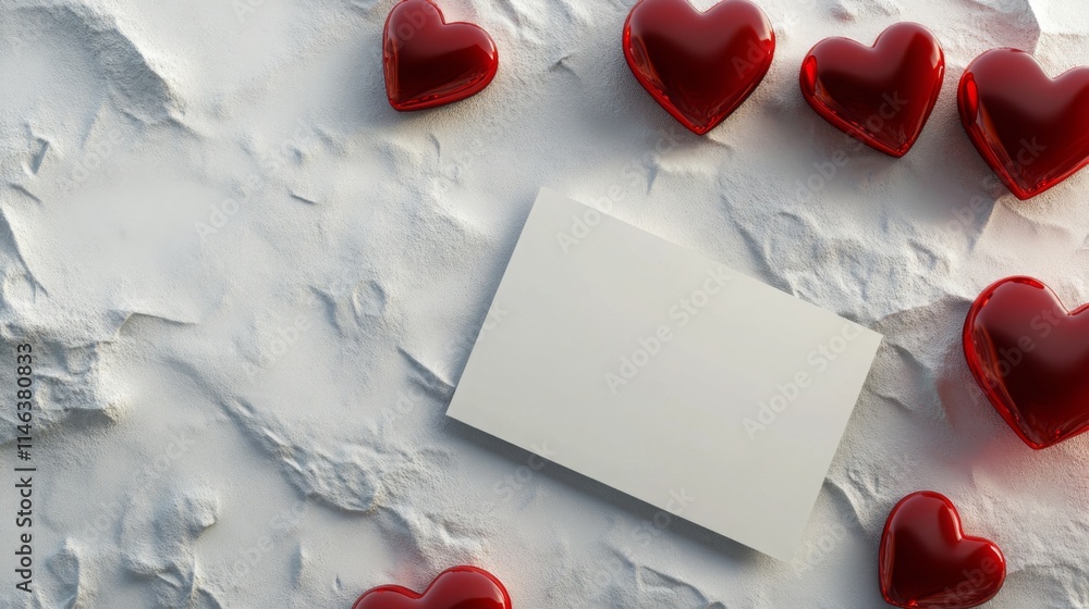 Poster a collection of glossy red heart shapes surrounds a blank card set against a textured white surface,