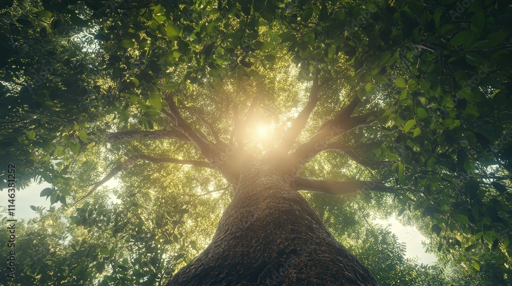 Poster a view from below captures the towering trunk of a large tree, its branches reaching high to form a 