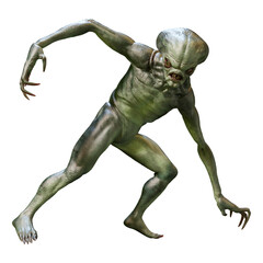 3D Rendering Green Alien on White