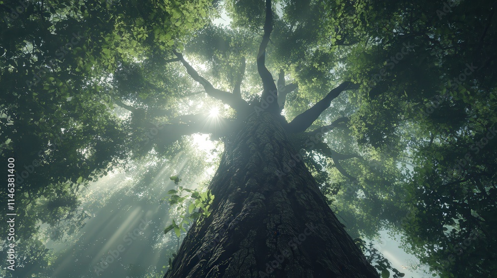 Poster a view from below captures the towering trunk of a large tree, its branches reaching high to form a 
